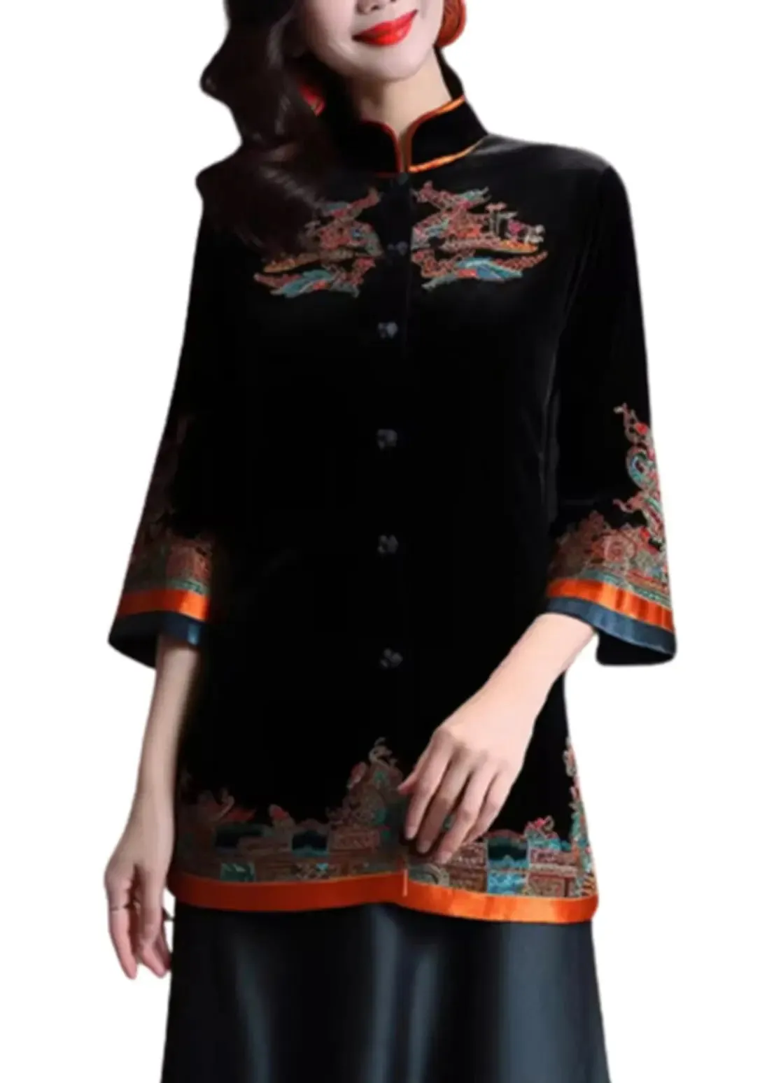 Embroidered Button Silk Velour Coats Fall