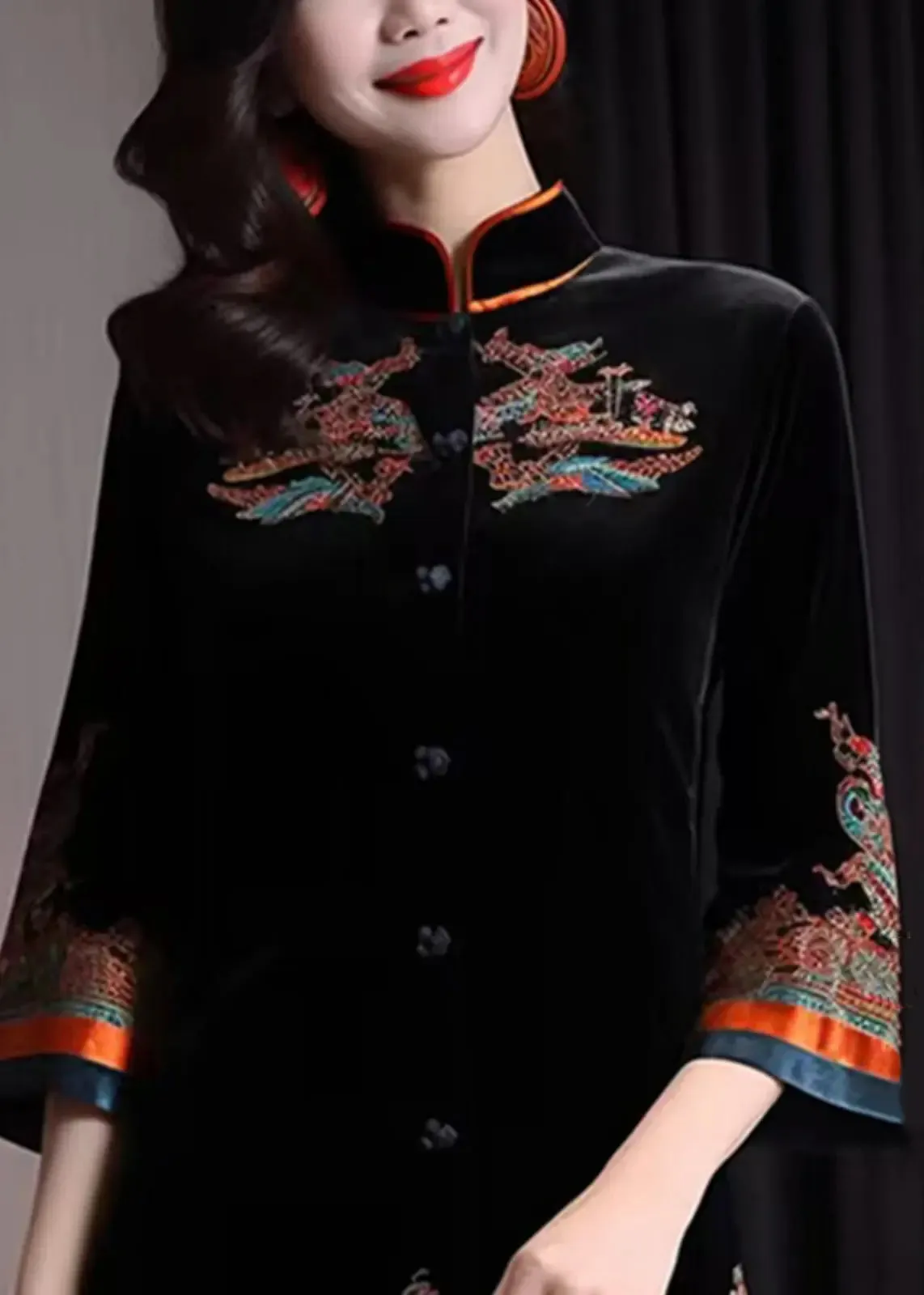 Embroidered Button Silk Velour Coats Fall