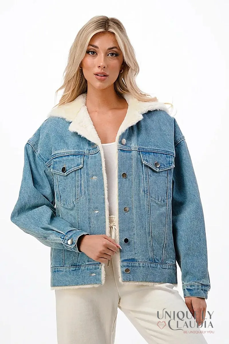 Evelyn Hooded Denim Jacket with Faux Fur Lining