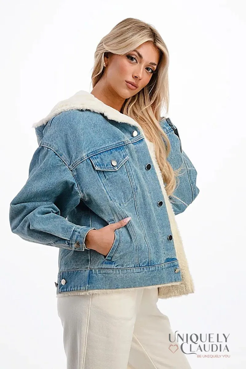 Evelyn Hooded Denim Jacket with Faux Fur Lining