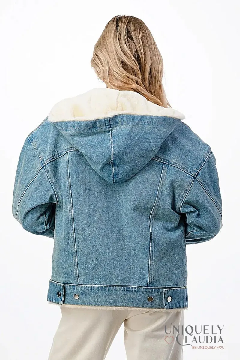 Evelyn Hooded Denim Jacket with Faux Fur Lining