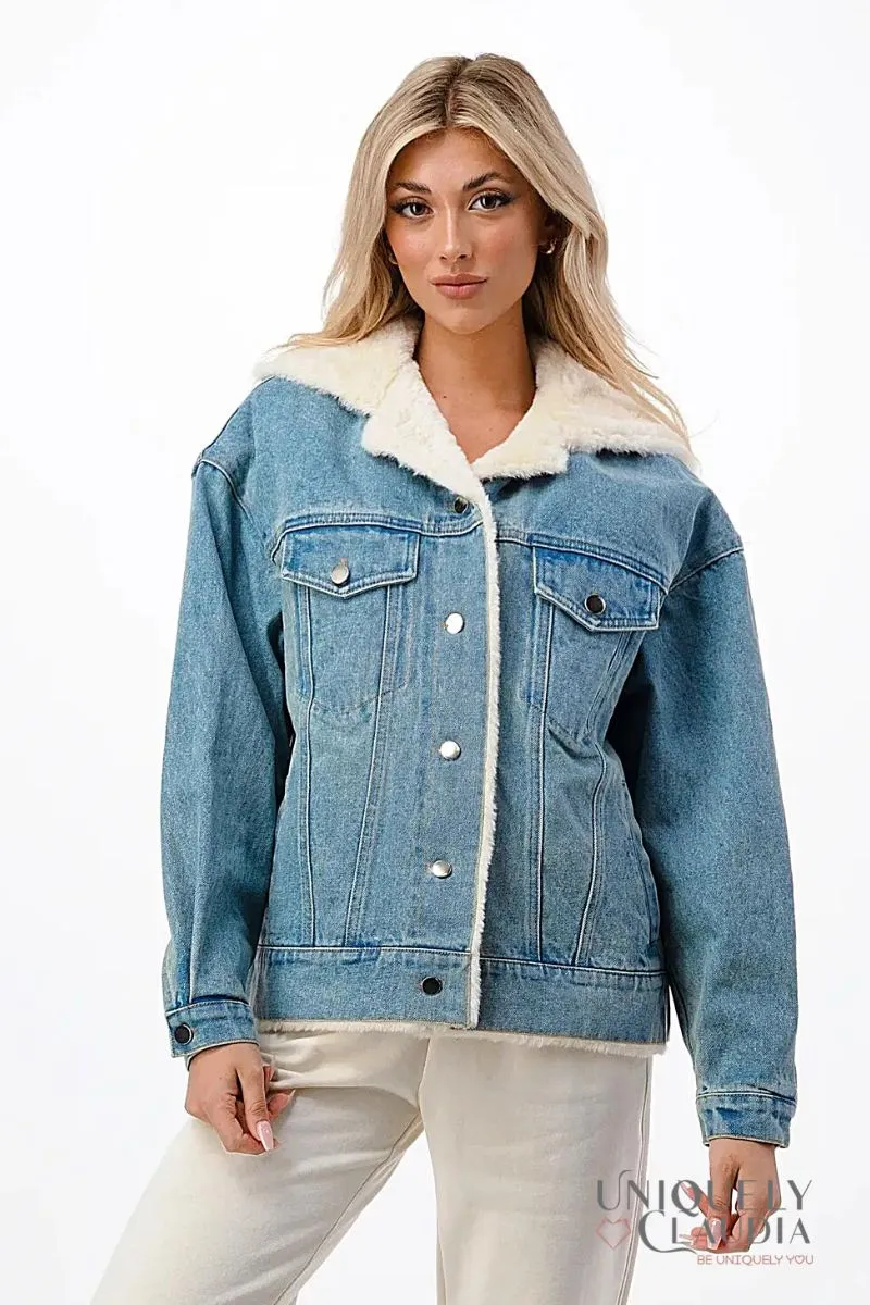 Evelyn Hooded Denim Jacket with Faux Fur Lining