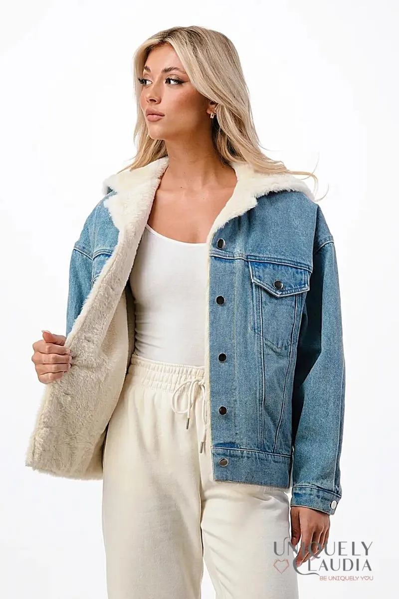 Evelyn Hooded Denim Jacket with Faux Fur Lining