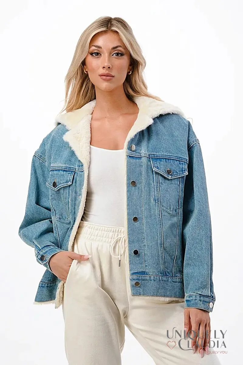 Evelyn Hooded Denim Jacket with Faux Fur Lining