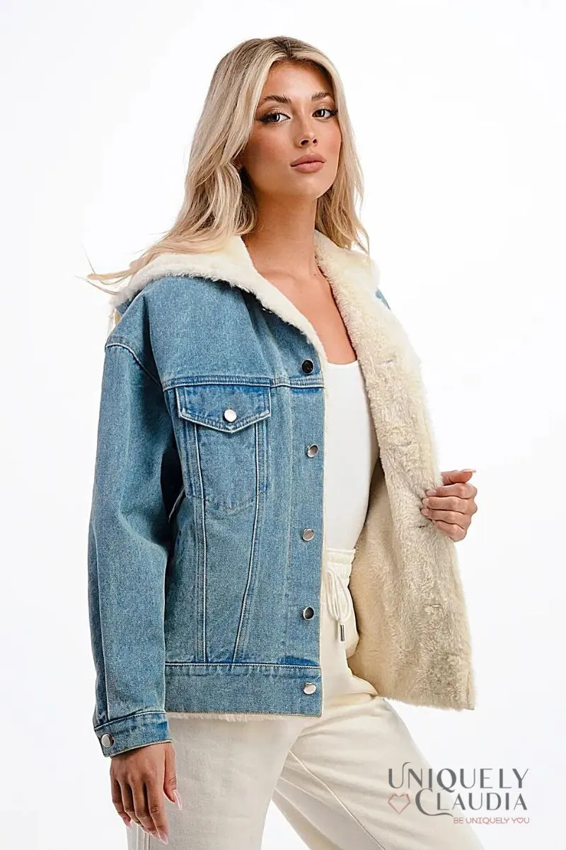 Evelyn Hooded Denim Jacket with Faux Fur Lining