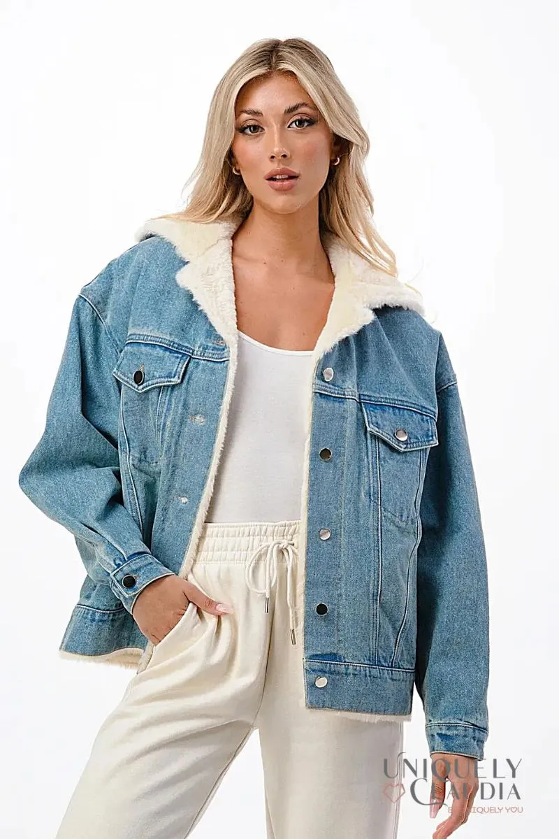 Evelyn Hooded Denim Jacket with Faux Fur Lining