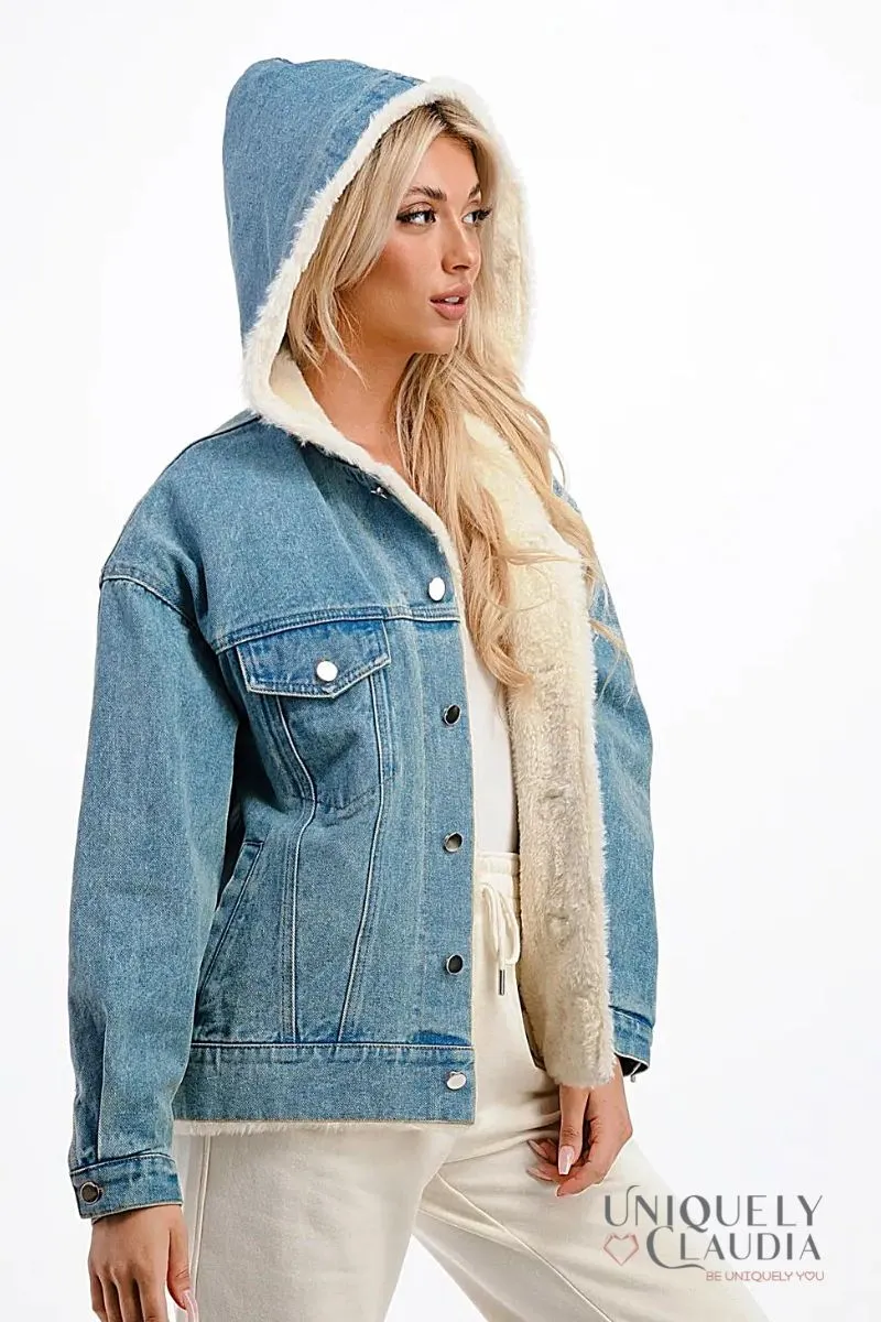 Evelyn Hooded Denim Jacket with Faux Fur Lining