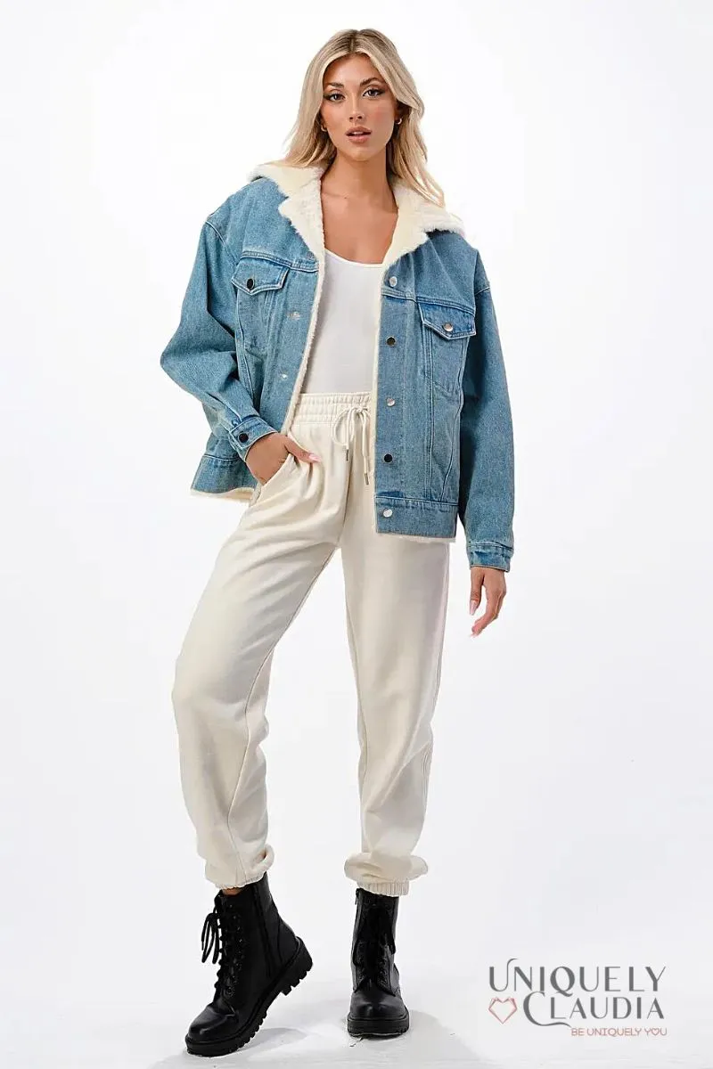 Evelyn Hooded Denim Jacket with Faux Fur Lining