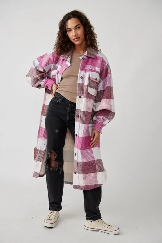 Free People Plaid Long Ruby Jacket in Wine Combo