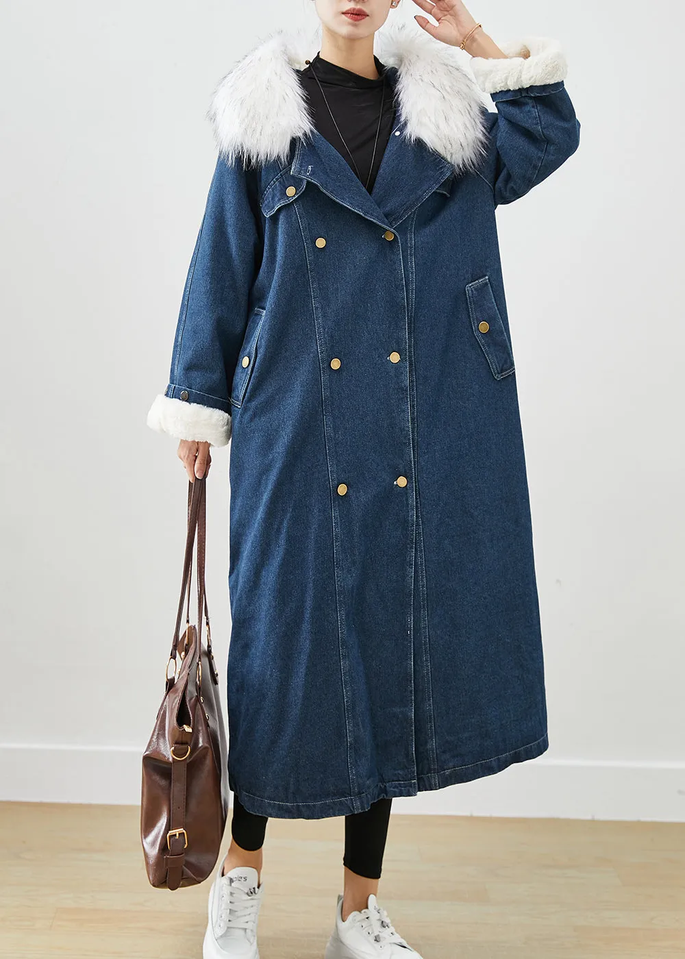 French Navy Fur Collar Thick Warm Fleece Denim Coats Fall ML2421