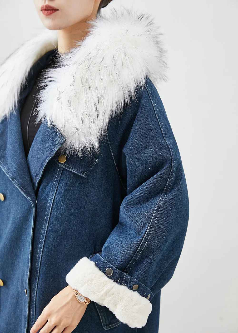 French Navy Fur Collar Thick Warm Fleece Denim Coats Fall ML2421