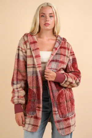 Fuzzy Plaid Long Sleeve Hooded Jacket