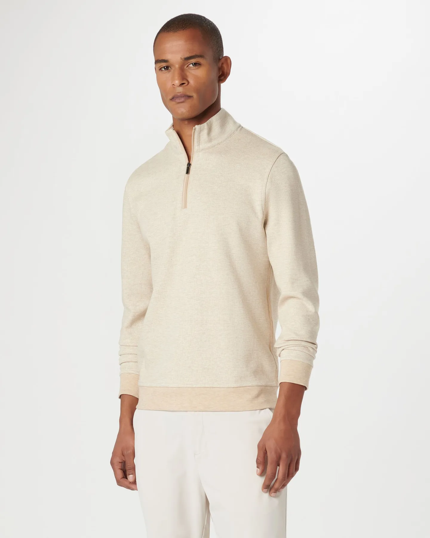 HEATHERED MICRO PRINT 1/4 ZIP PULLOVER - SAND