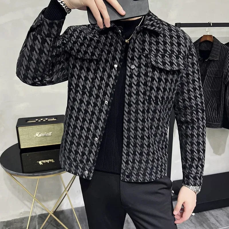 Houndstooth Luxury Jacket - Stylish & Warm Slim Fit Turn Down Collar Motorcycle Coat