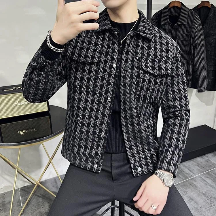 Houndstooth Luxury Jacket - Stylish & Warm Slim Fit Turn Down Collar Motorcycle Coat