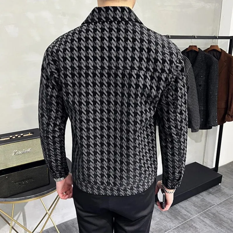 Houndstooth Luxury Jacket - Stylish & Warm Slim Fit Turn Down Collar Motorcycle Coat