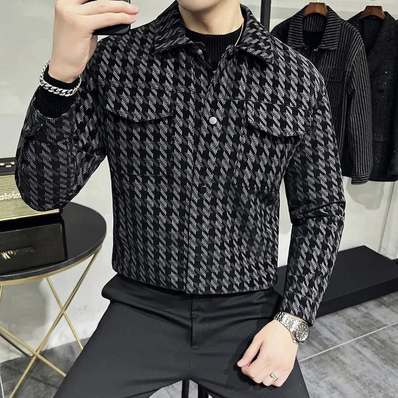 Houndstooth Luxury Jacket - Stylish & Warm Slim Fit Turn Down Collar Motorcycle Coat