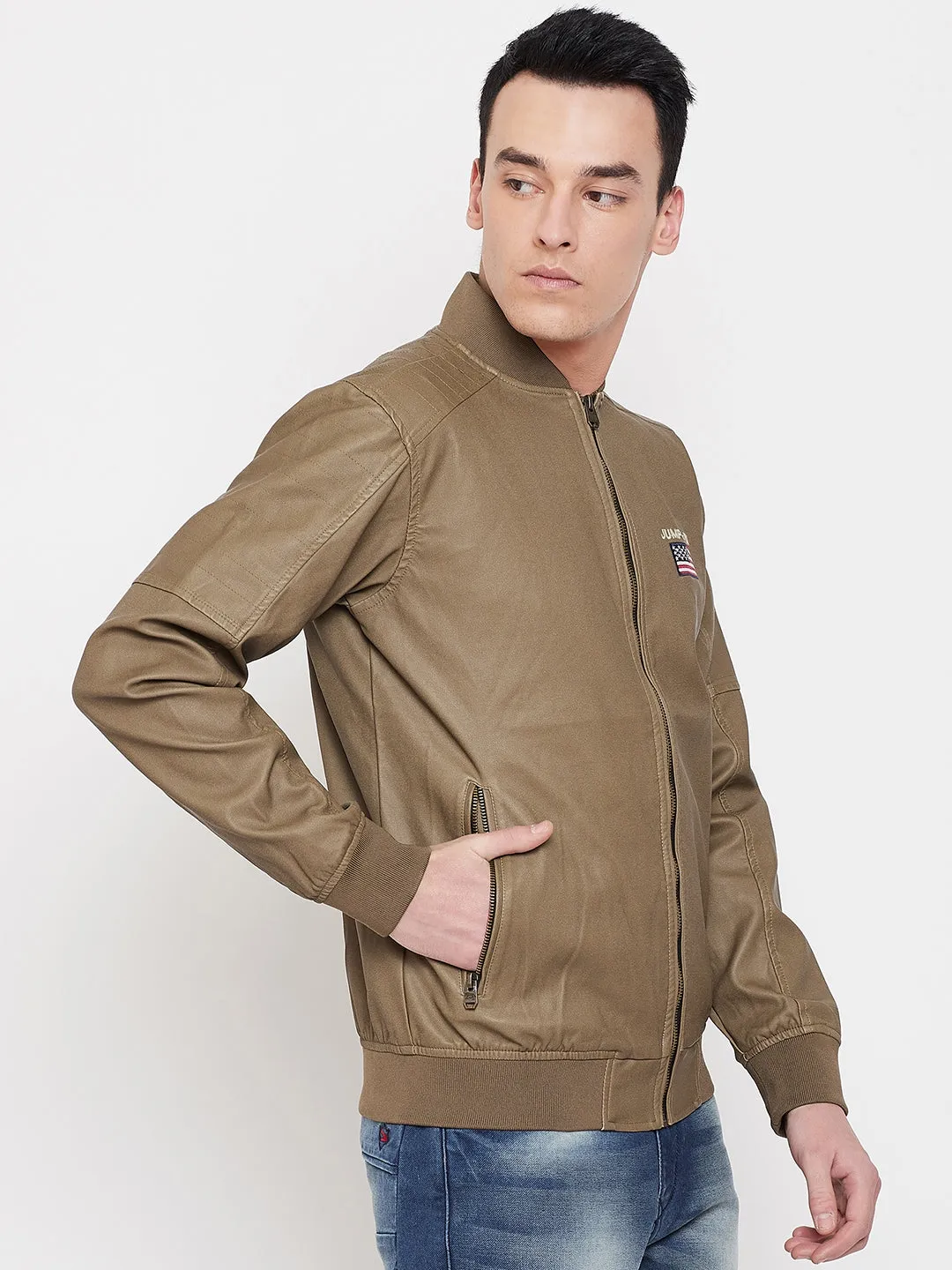 JUMP USA Men Khaki Solid Casual Biker Jacket