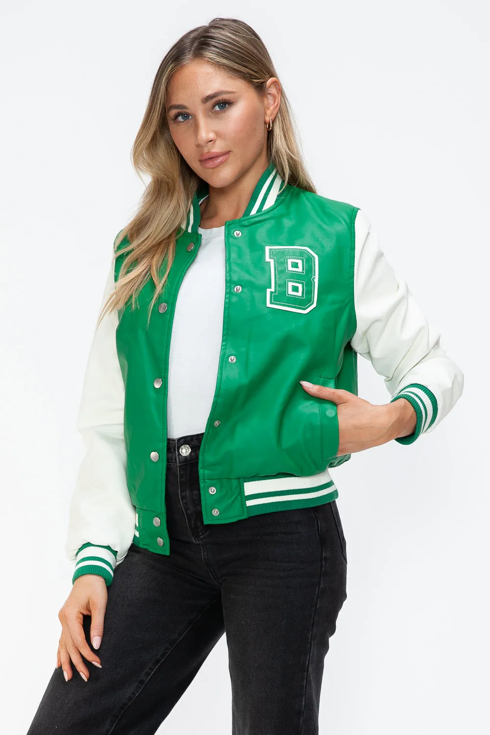 kesley Love Me Now PU Leather Contrast Snap Down Bomber Jacket