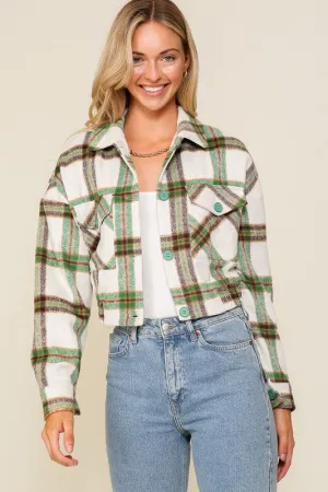 Long Sleeve Plaid Print Cropped Jacket