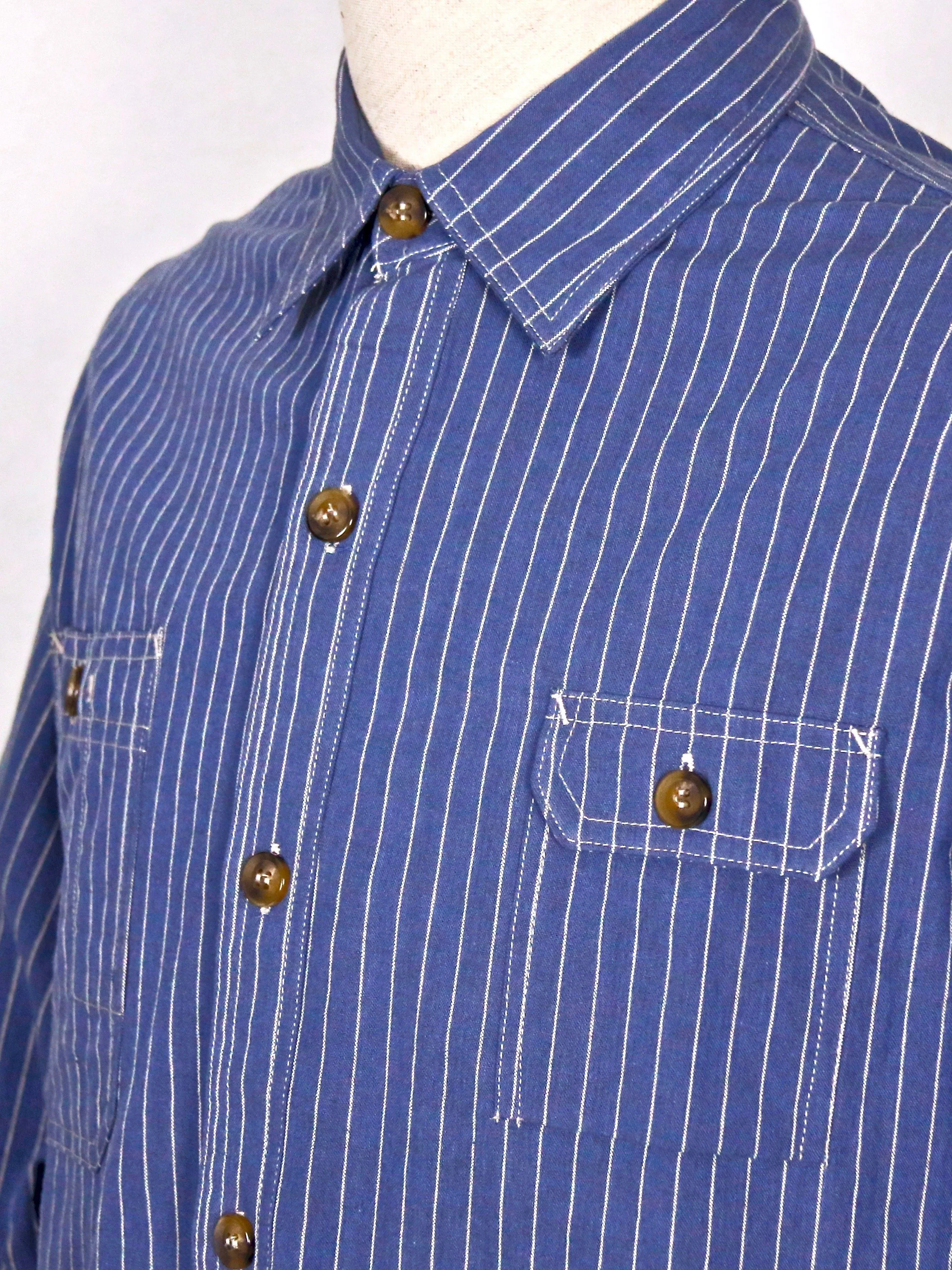 Multi-Pocket Striped Woven Cotton Shirt