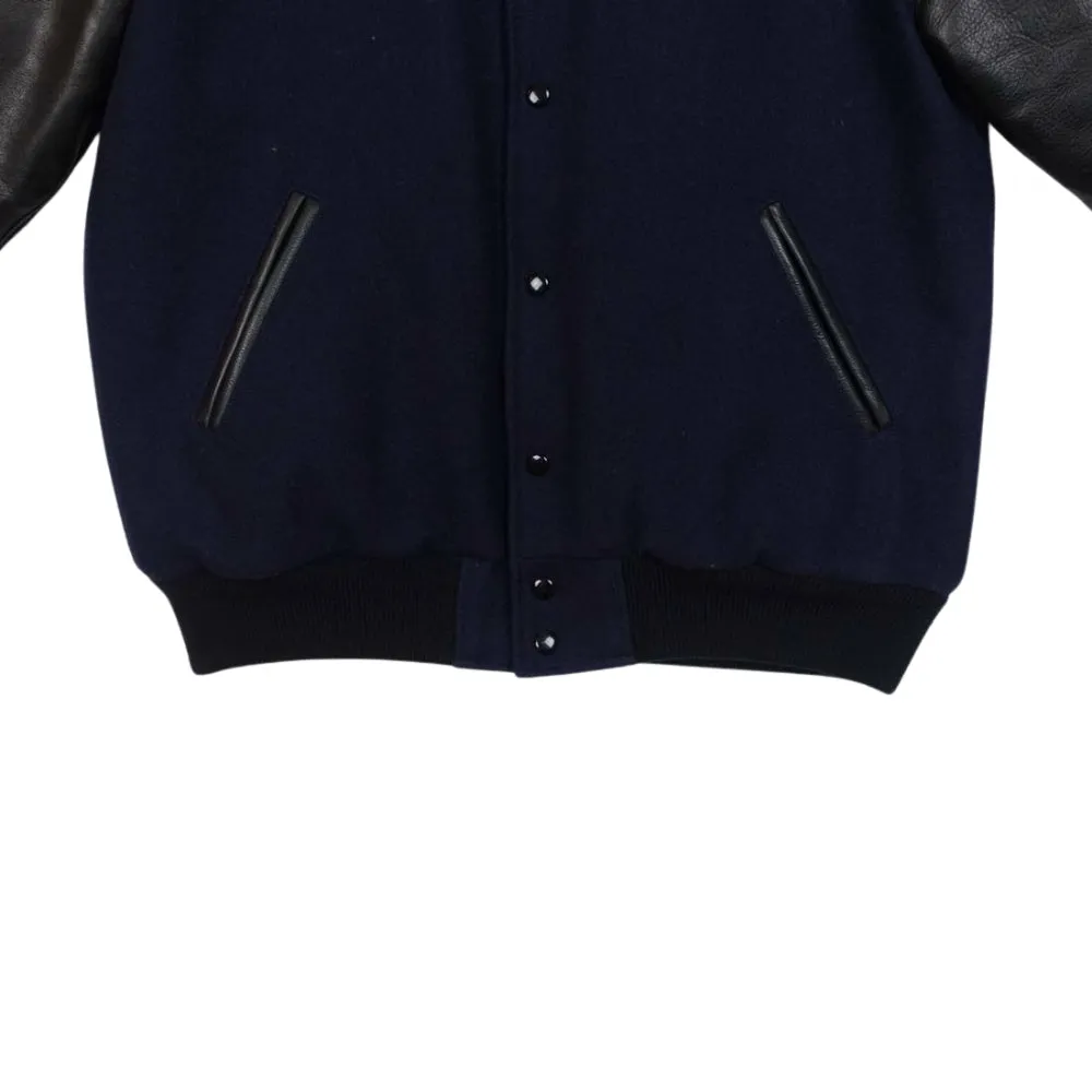 Navy Blue Raglan Sleeves Wool Leather Varsity Jacket