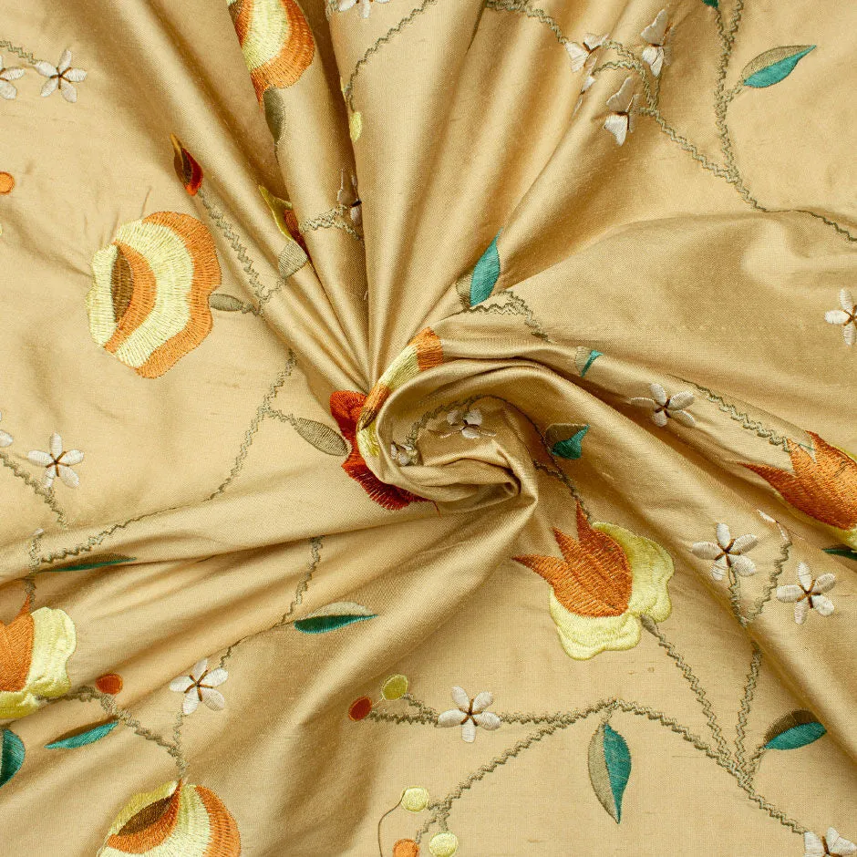 Rich Sand Multi Floral Embroidered Silk Shantung