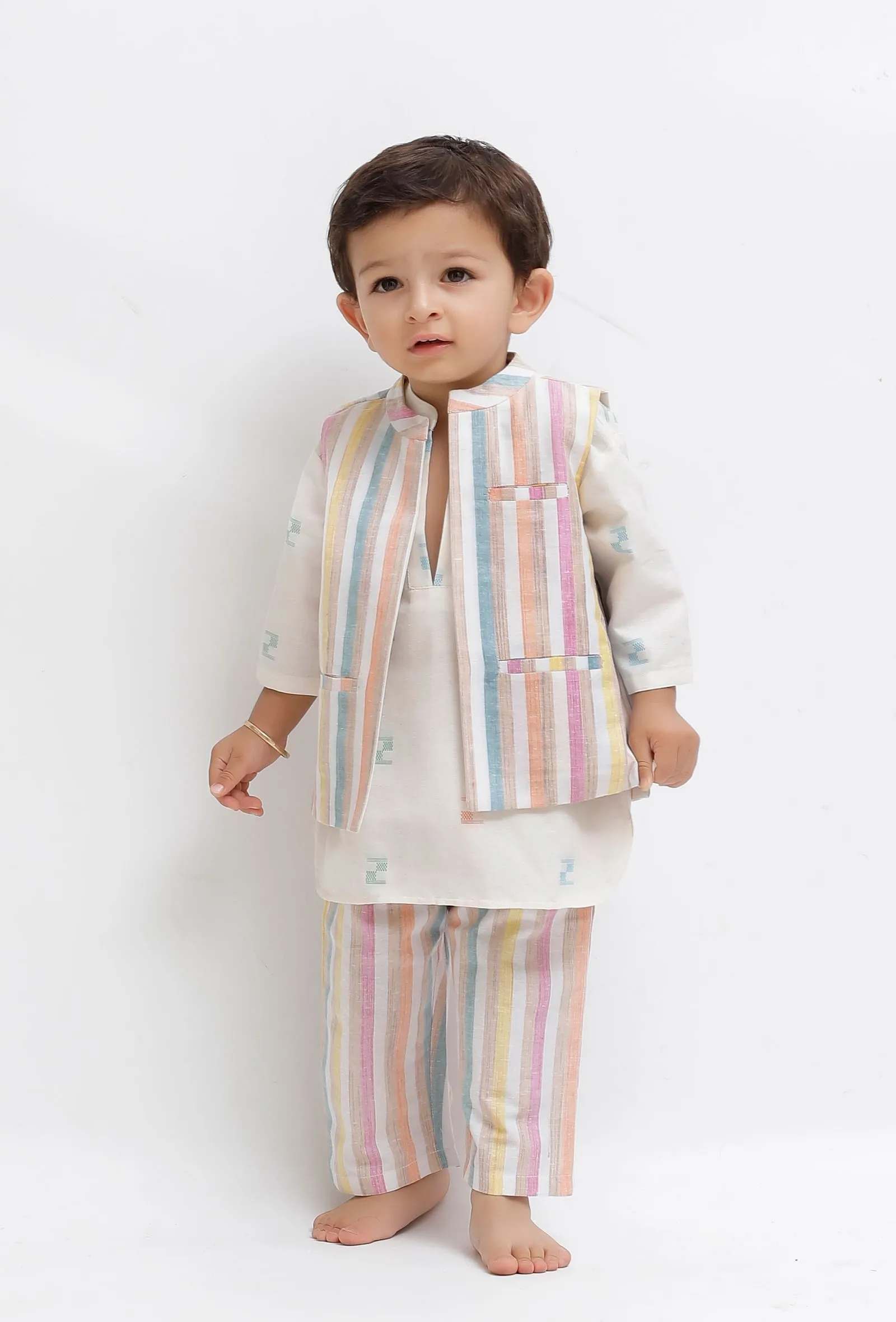 Set Of 3:  White Dobby Kurta and White Striped Pant with White Striped Nehru Jacket