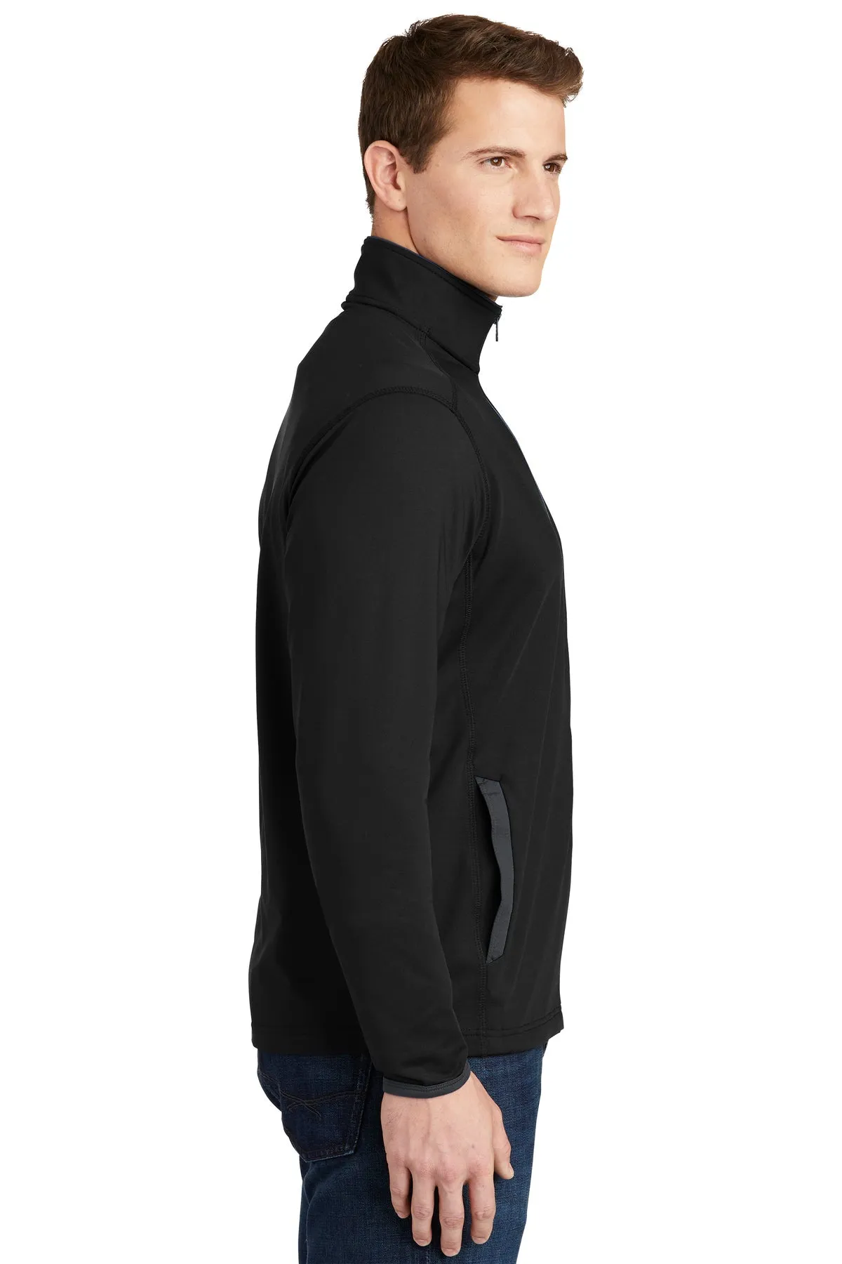 Sport-Tek Sport-Wick Stretch Contrast Branded Full-Zip Jackets, Black/ Charcoal Grey