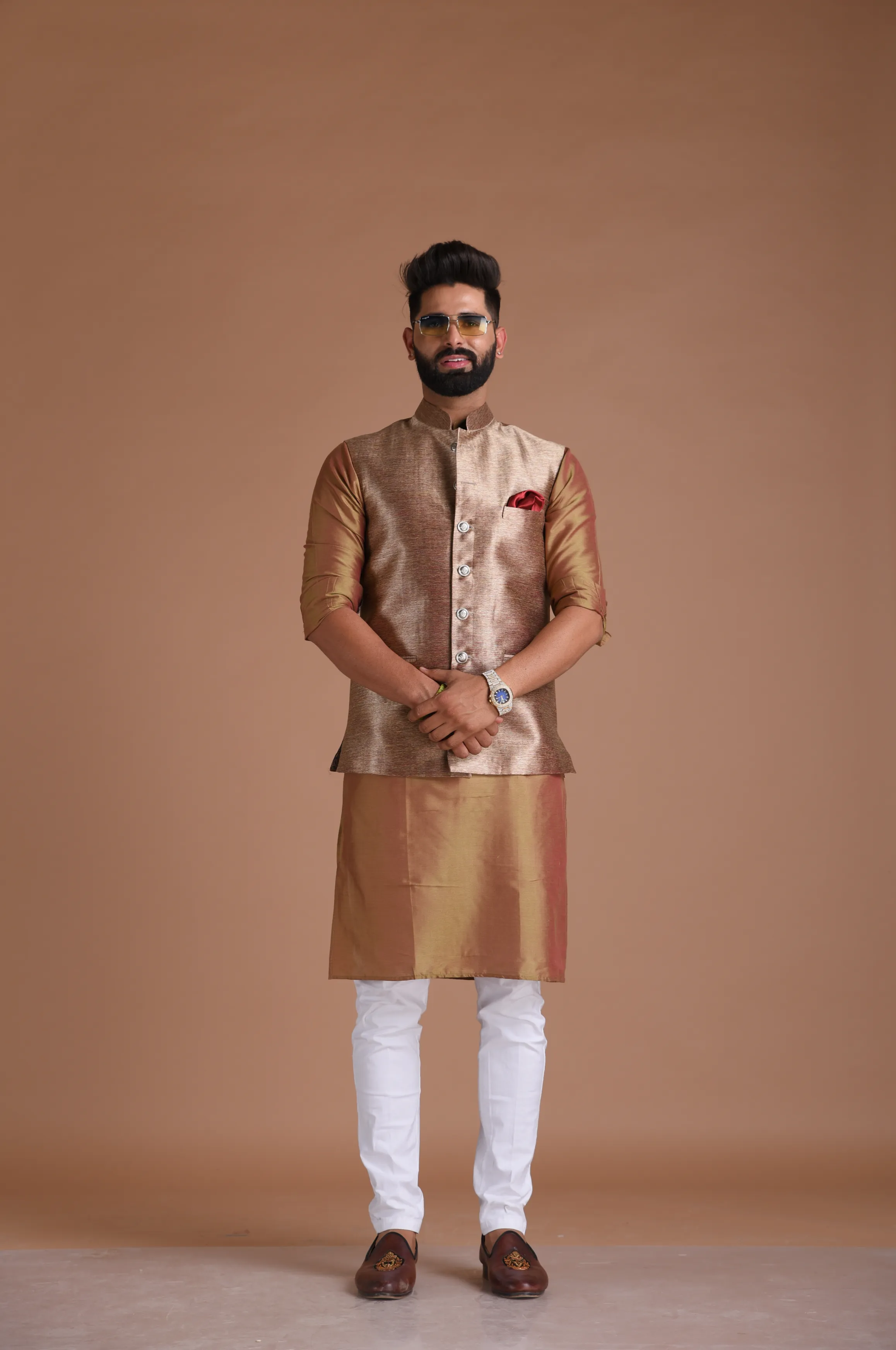 Traditional Maharaja Style Hand-crafted Kim-Khab Half Jodhpuri Jacket with Kurta-Pajama Set | Golden Magenta Color | Best for Cocktail Party|