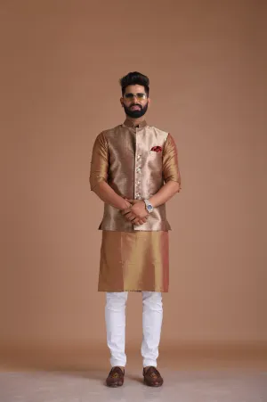 Traditional Maharaja Style Hand-crafted Kim-Khab Half Jodhpuri Jacket with Kurta-Pajama Set | Golden Magenta Color | Best for Cocktail Party|