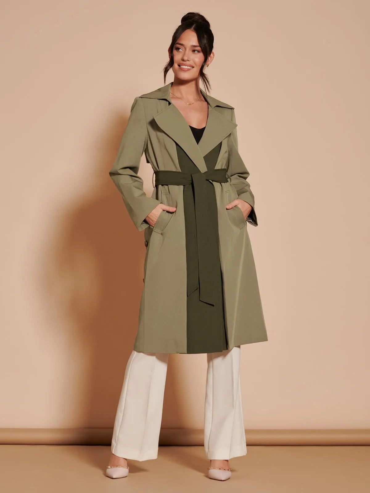 Two Tone Contrast Trench Coat, Soldier Green