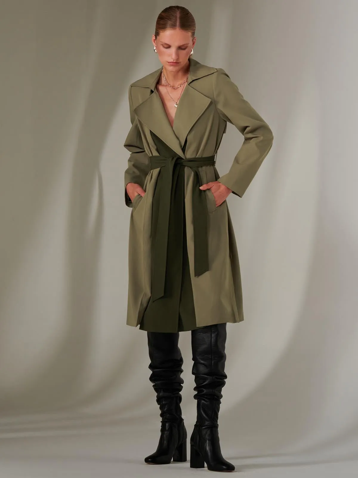 Two Tone Contrast Trench Coat, Soldier Green