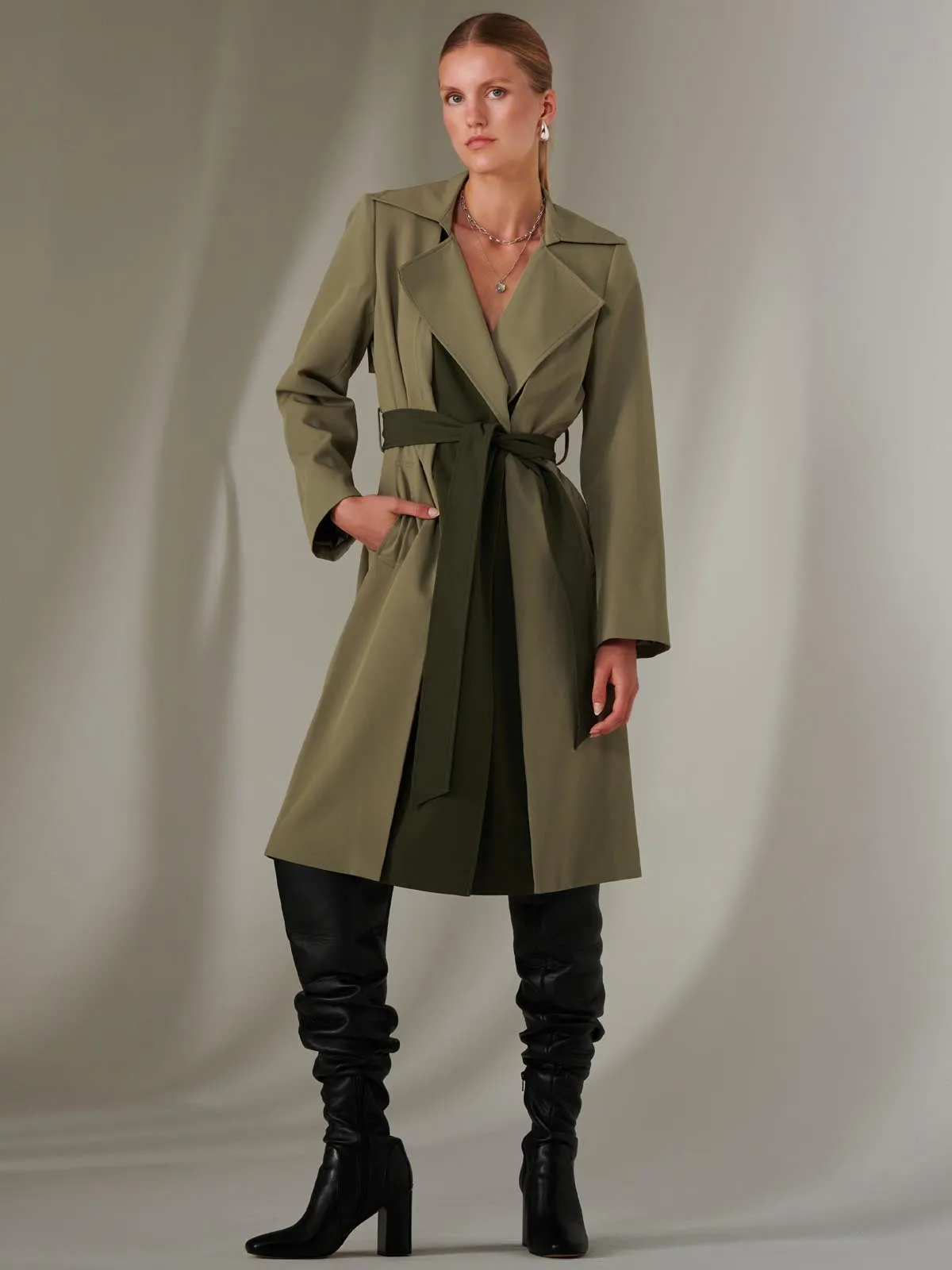 Two Tone Contrast Trench Coat, Soldier Green