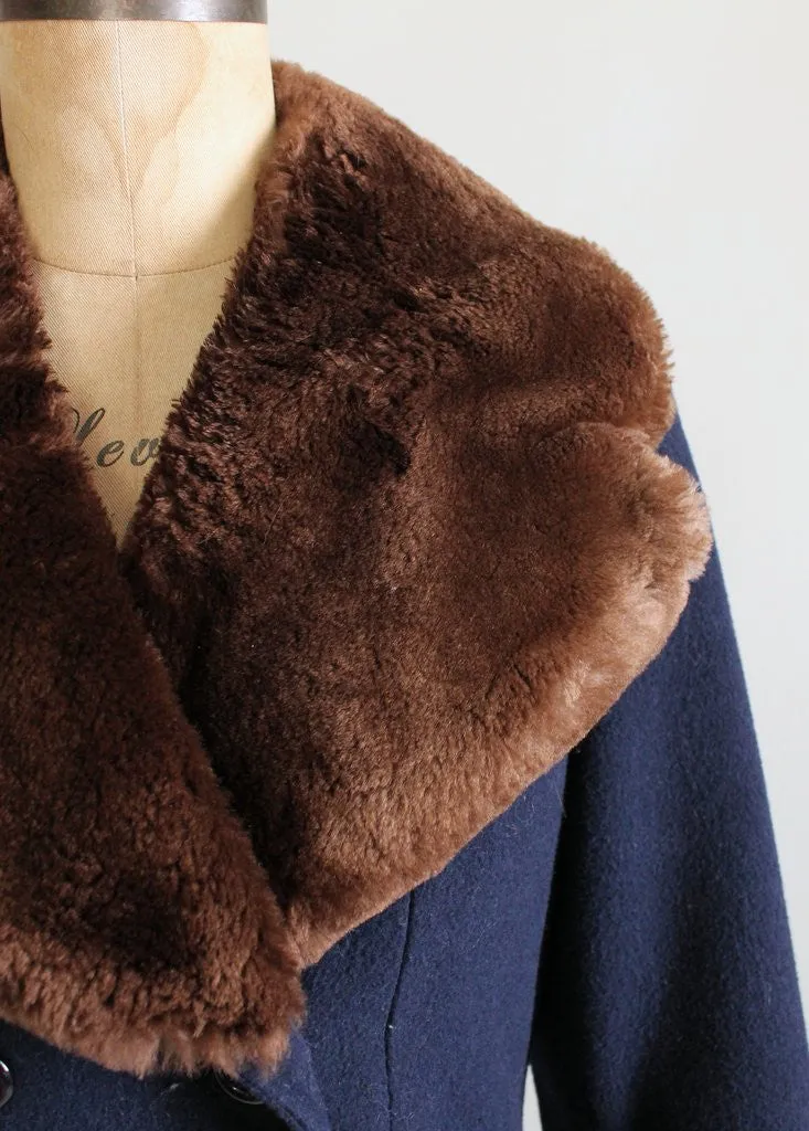 Vintage 1970s Navy Wool and Fur Collar Winter Coat